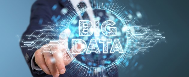 businessman on blurred background using big data digital hologram 3d rendering