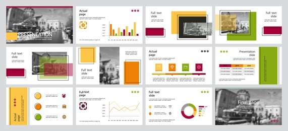 this template is the best as a business presentation, used in marketing and advertising, flyer and banner, the annual report. grey, red, green, yellow and black elements on a dark grey background

