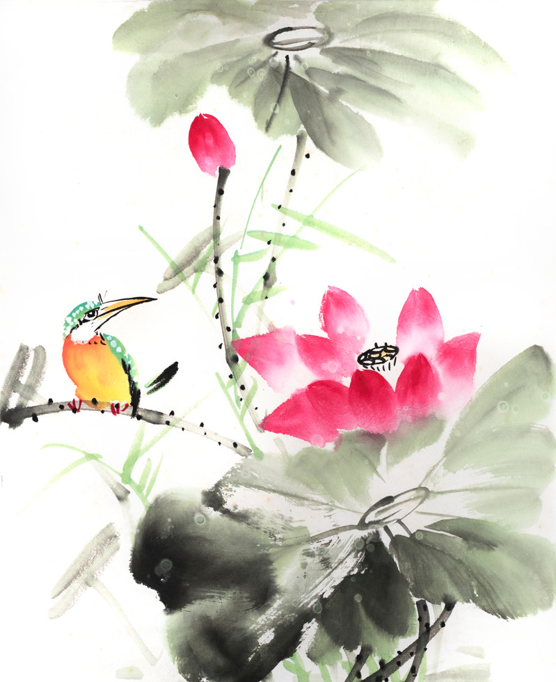 kingfisher and lotus flower watercolor painting