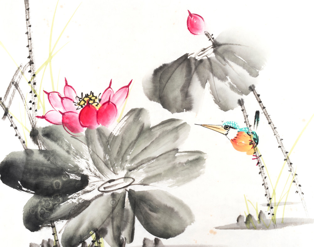 kingfisher and lotus flower watercolor painting