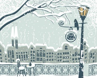 winter cityscape with a lantern and a bird