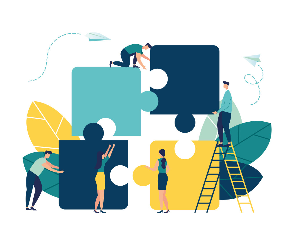 business concept. team metaphor. people connecting puzzle elements. vector illustration flat design style. symbol of teamwork, cooperation, partnership.