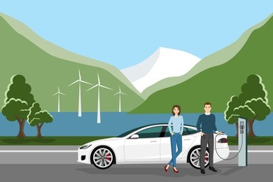 couple next to an electric car (new energy vehicle, nev). vector illustration