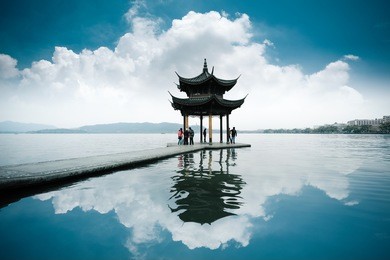 chinese ancient pavilion on the west lake in hangzhou
