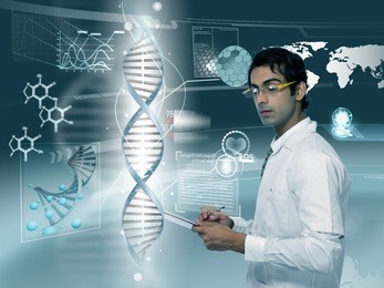 young doctor looking at dna strand in futuristic background