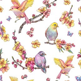 watercolor spring seamless pattern, vintage floral bouquet with birds, blooming branches of cherry, sakura, apple trees and butterflies, isolated botanical illustration 