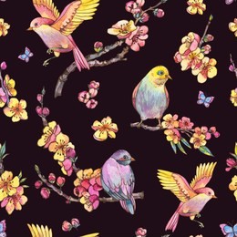 watercolor spring seamless pattern, vintage floral bouquet with birds, blooming branches of cherry, sakura, apple trees and butterflies, isolated botanical illustration 