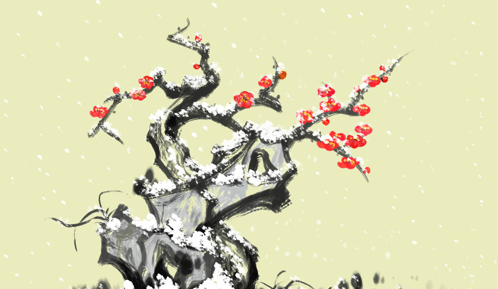 stone snow plum blossom chinese painting

