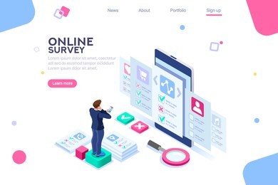 laptop with marks. analysis images of survey research. checklist of questions, management of vote. evaluate isolated evaluation choice of user answer. characters images, flat isometric vector