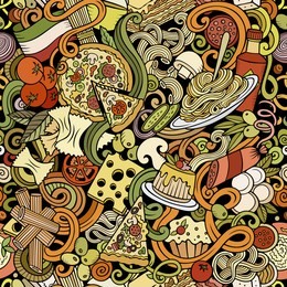 cartoon cute doodles hand drawn italian food seamless pattern. colorful detailed, with lots of objects background. endless funny vector illustration. all objects separate.