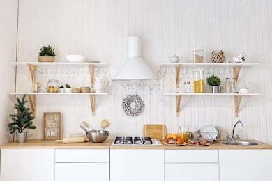 front view of a kitchen table in bright kitchen.