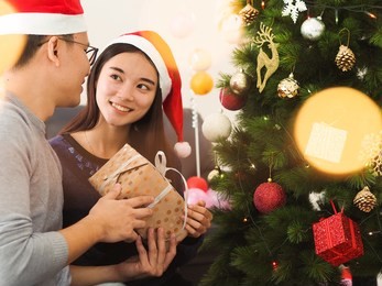 happy asian couple lover in christmas celebration concept,happy couple lover.