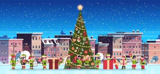 mix race elves group near decorated fir tree city building houses night winter street cityscape merry christmas happy new year concept flat horizontal banner
