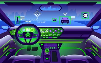 autonomous smart car interior. self driving at city landscape. display shows information about the vehicle is moving, gps, travel time, scan distance assistance app. future concept vector illustration