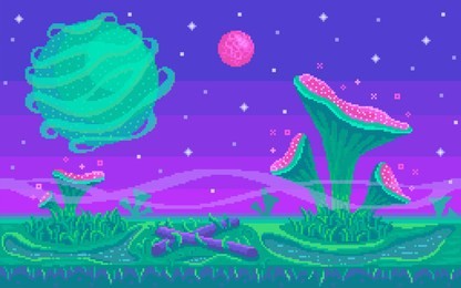 pixel art game location. unknown planet with mushrooms area. seamless vector background.