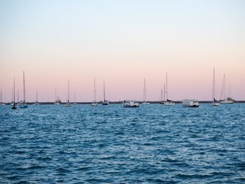sail boats in michigan lake in chicago at dusk.