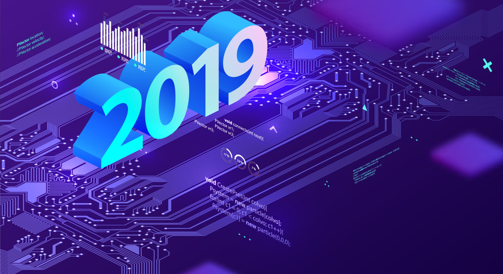 2019 technology concept with circuit board, application development code elements and retro futuristic style for holiday poster, placard and business presentation. eps10 vector illustration