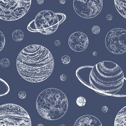 monochrome seamless pattern with planets and other planetary bodies in outer space. backdrop with celestial objects drawn in retro dotwork style. vector illustration for wallpaper, wrapping paper.