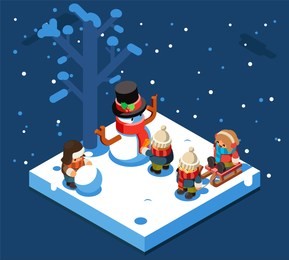 winter games isometric kids making snowman snowball winter playing sleigh snow background flat design vector illustration