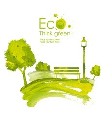 illustration environmentally friendly planet.green town, tree,flashlight and a bench in the park, hand drawn from watercolor stains, isolated on a white background. think green. eco concept.