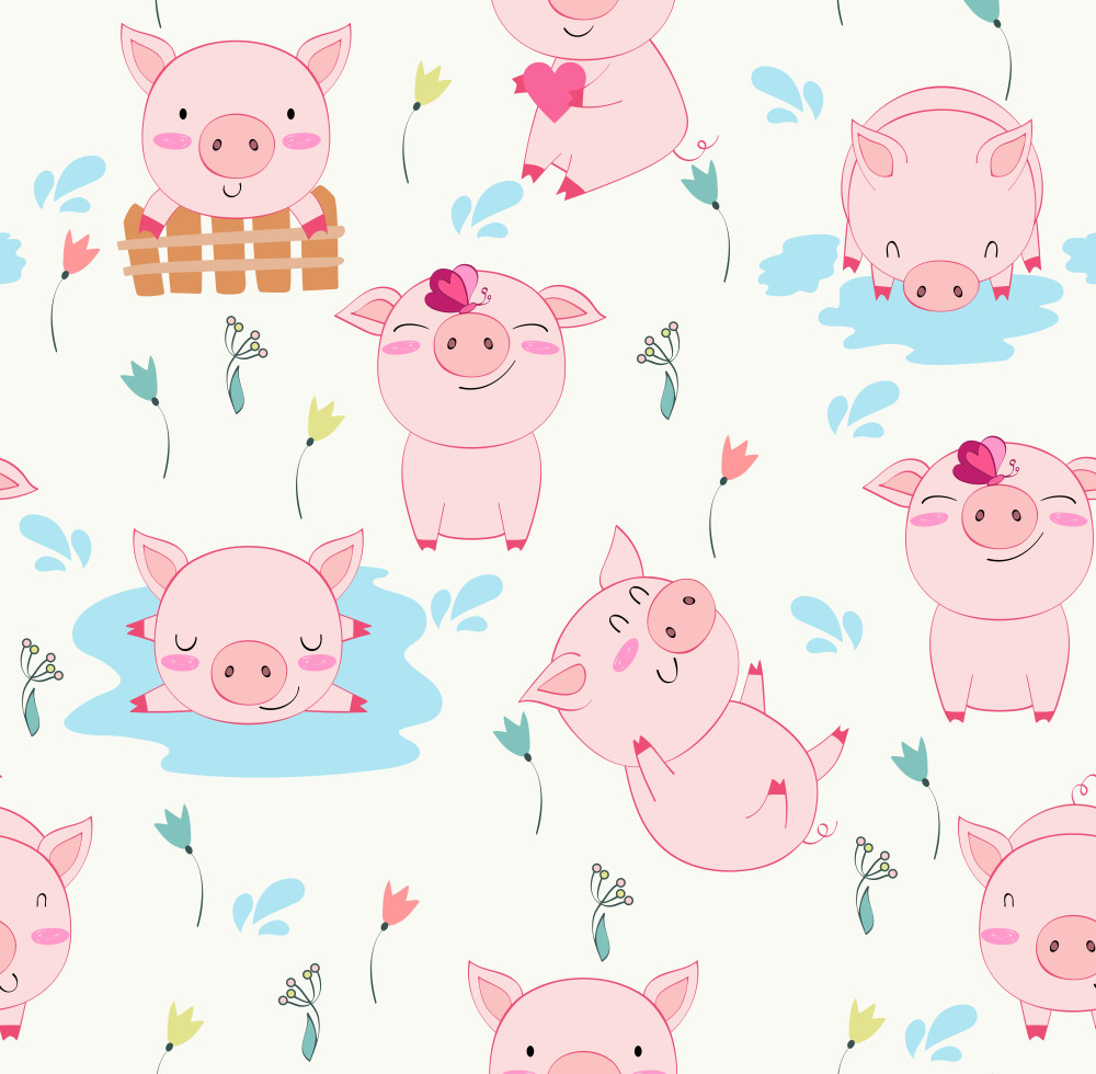 hand drawn vector seamless pattern with pigs.