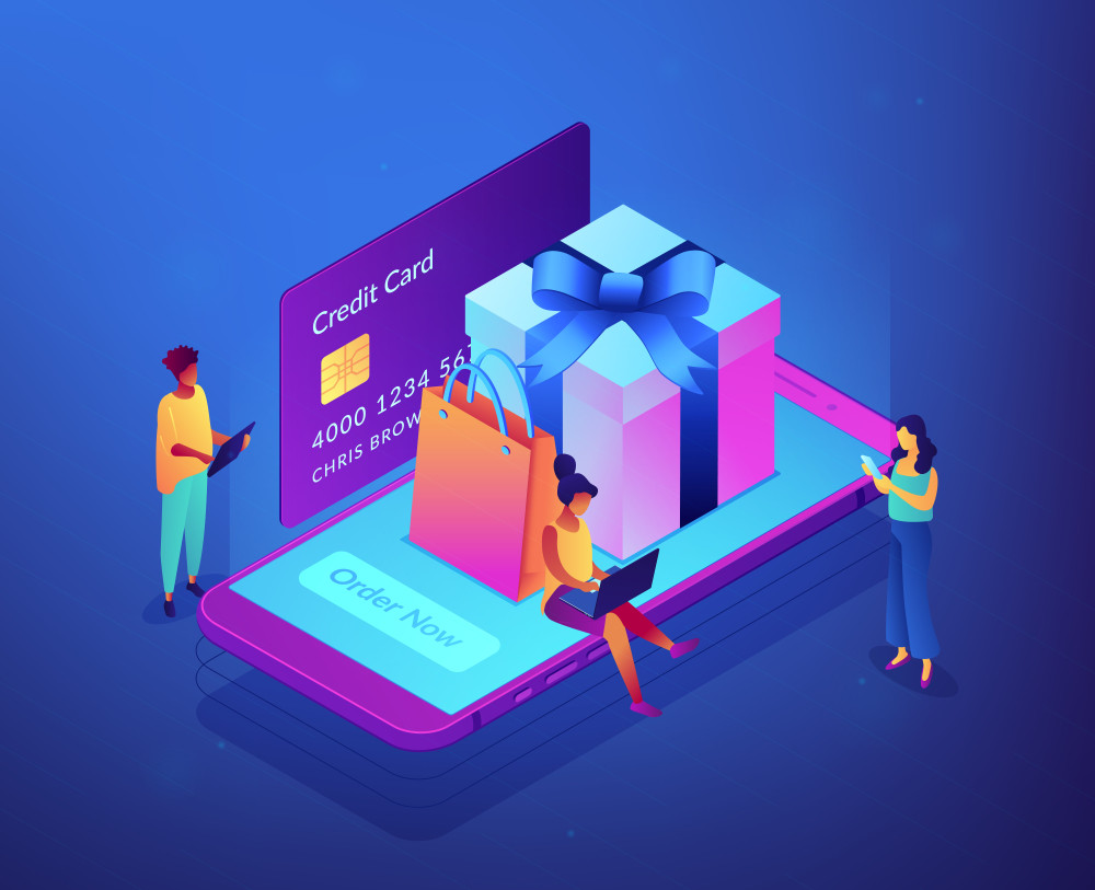 customers with gadgets order now and buy presents on smartphone screen. online gift purchase, gift shop application, mobile purchase concept. ultraviolet neon vector isometric 3d illustration.