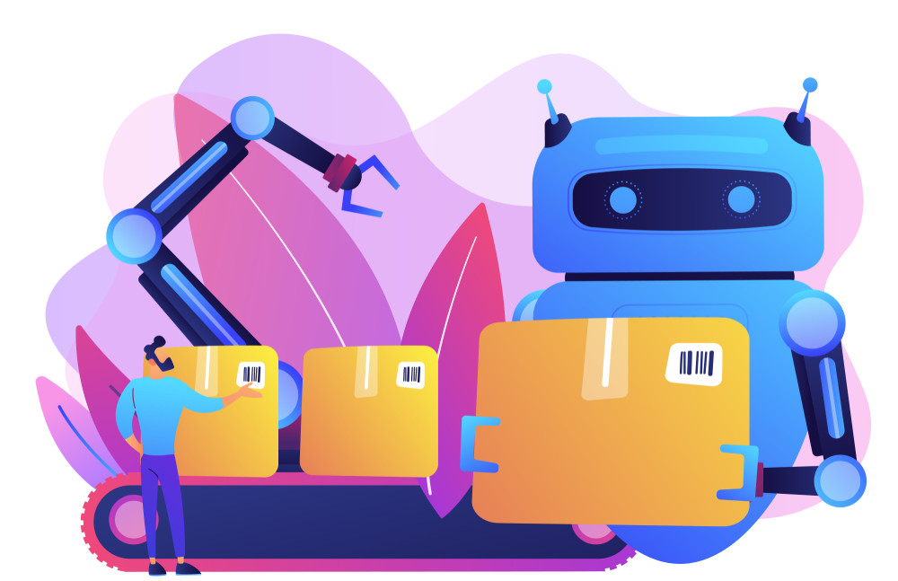 robot substituting human working with boxes on conveyor belt and robotic arm. labor substitution, man versus robot, robotics labor control concept. bright vibrant violet vector isolated illustration