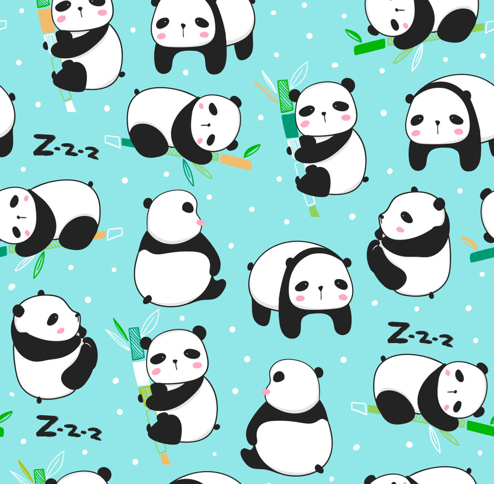 kawaii panda bears. cute pandas in various poses. hand drawn colored vector seamless pattern. blue background