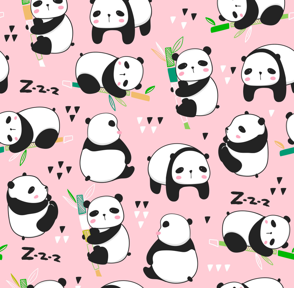 kawaii panda bears. cute pandas in various poses. hand drawn colored vector seamless pattern. pink background