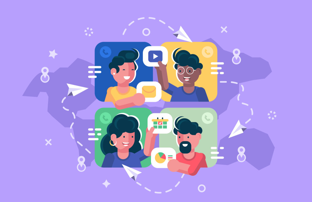 people chatting online together flat poster. men and women changing messages video data and calling to each other via internet apps vector illustration. social media concept