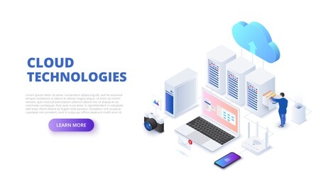 cloud technologies design concept with people. isometric vector illustration. landing page template for web.