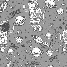 vector seamless pattern. cat astronaut soaring in space. comic style illustration.