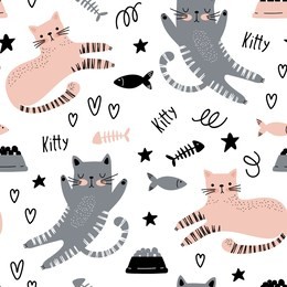 seamless pattern with funny cats, cat food and fish on a white background. vector illustration.