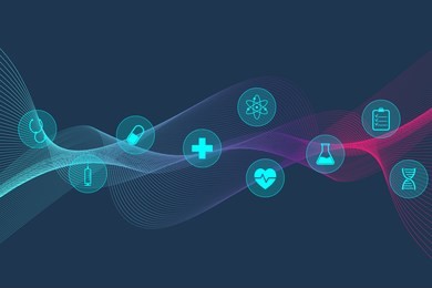 big genomic data visualization. dna helix, dna strand, dna test. molecule or atom, neurons. abstract structure for science or medical background, banner. wave flow.