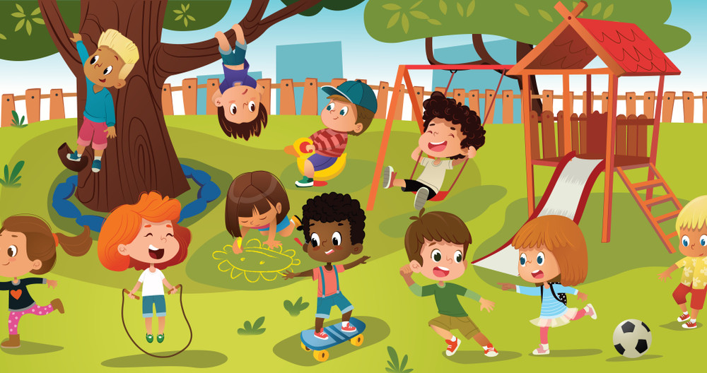 group of kids playing game on a public park or school playground with with swings, slides, skate, ball, crayons, rope, playing catch-up game. happy childhood. modern vector illustration. clipart