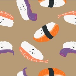 seamless pattern sushi characters with cute faces. happy sushi characters. sushi roll funny set. asian food. funny vector illustration with colorful background. 