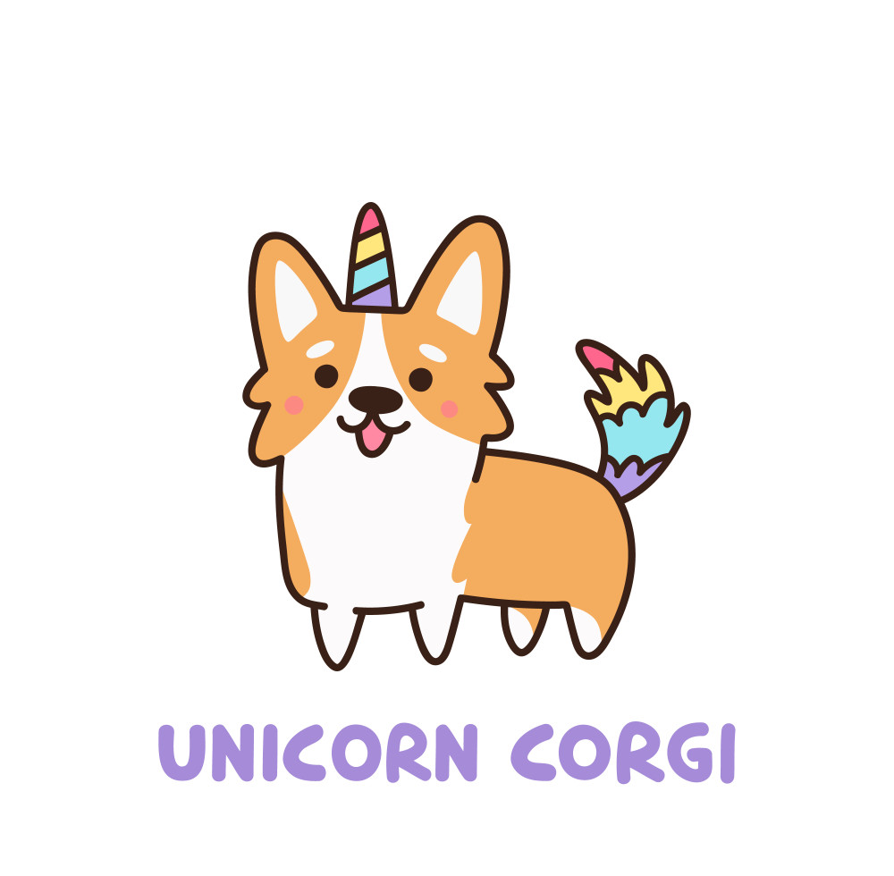 cute dog breed welsh corgi in a unicorn costume with horn and colorful tail. it can be used for sticker, patch, phone case, poster, t-shirt, mug and other design.