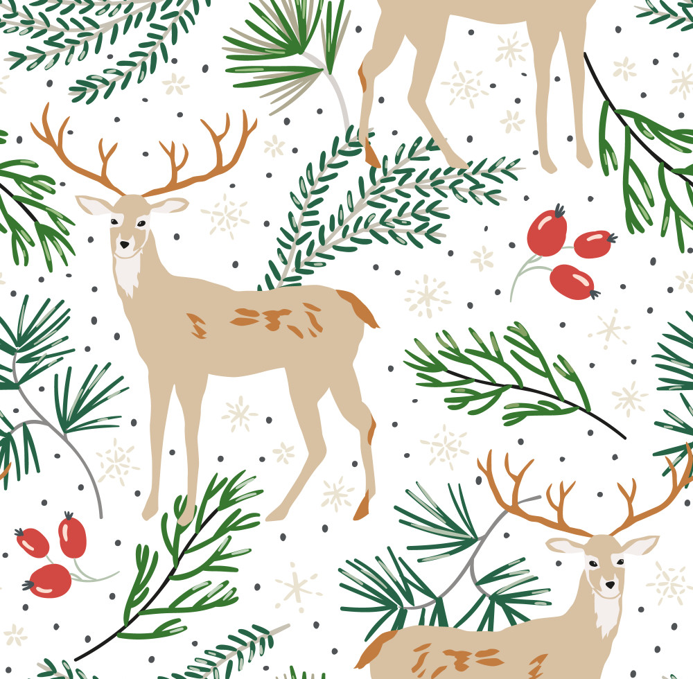 christmas seamless pattern, white background. forest deer animals, green pine twigs, berries, snow. vector illustration. nature design. season greeting digital paper. winter xmas holidays