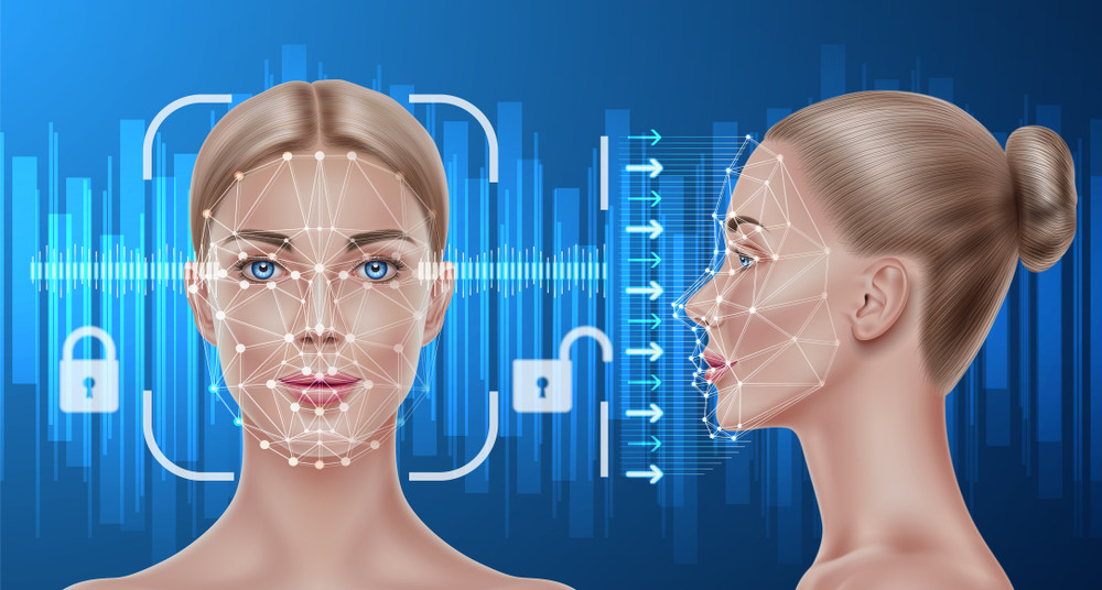 face recognition concept. biometric face scanning of realistic beautiful girl. personal verification, cyber protection. futuristic security, identity detection with ai algorythms. vector illustration