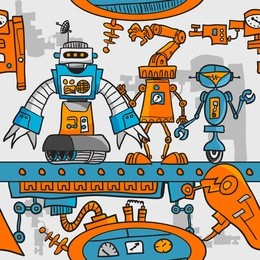 seamless pattern cartoon robots on the assembly line