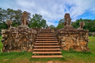 terrace of the leper king in angkor thom complex at sunrise, archaeological park in siem reap, cambodia unesco world heritage site