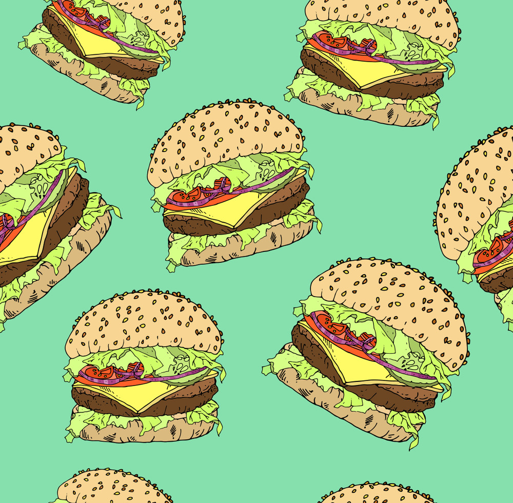 seamless pattern of burgers, vector illustration, may be the background for packaging, advertising, cafe