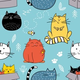vector seamless pattern with funny cats in doodle style