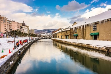 otaru, japan winter skyline on the canals.