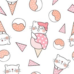seamless pattern background cute cat with sweet ice cream.draw doodle cartoon style.