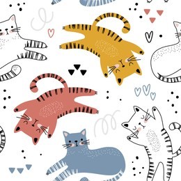 seamless pattern with funny cats and abstract elements in cartoon style. vector illustration for kids.