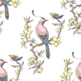 seamless pattern in chinoiserie style with birds, peonies, branch and leaves. vector hand drawing illustration. colorful on white background.