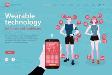 sport man and sport woman in sportswear with wearable devices with technology for monitoring health and  sports activity. intelligent telephone with  interface with application for monitoring data.