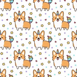 seamless pattern with welsh corgi in a unicorn costume with horn and colorful tail. excellent print for children's clothes, bed linens, phone case, mug, wrapping paper, textile etc.