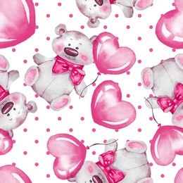 seamless pattern with teddy bear and balloons. valentines day. watercolor illustration